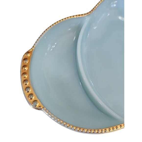 Fire King Delphite Serving Tray 11" long 3-section plate gold trim vtg midcentur - Picture 4 of 11